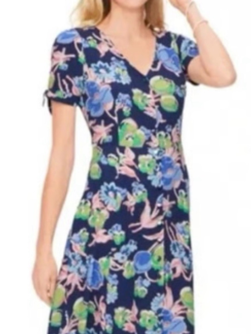 Talbots Navy Floral V-Neck Short Sleeve Midi Dress Teacher Dress,